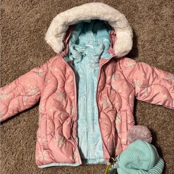 Snozu Pink Snowflake Puffer Jacket with Fur Hood - Picture 3 of 5